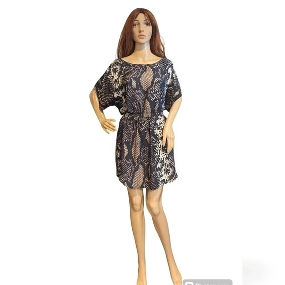 Express Women Dress Small Blue Reptile Print Elastic Waist Side Pockets - Picture 1 of 5